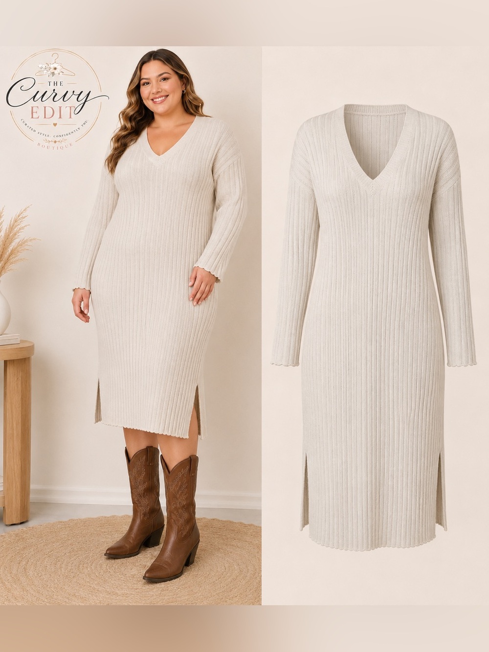 3XL Ivory Ribbed Sweater Dress | Side Slits | Cozy Knit western Chic SHEIN Curve